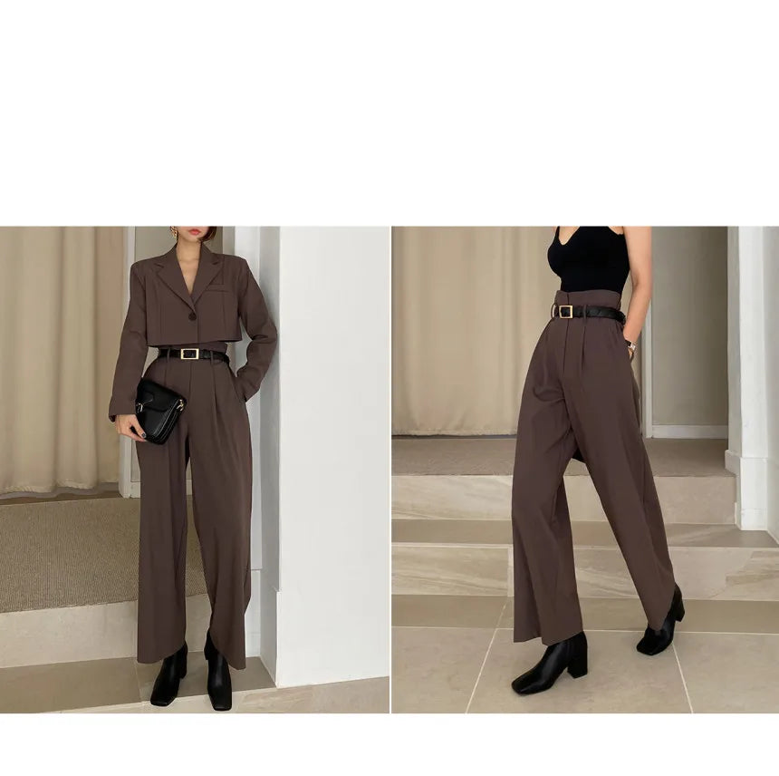 Chic Retro Lapel ort One Button Suit Jaet High Waist Wide Leg Pants