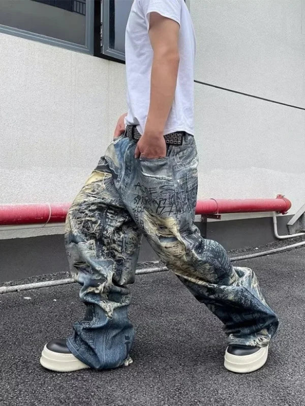 American High Street Retro 3D Digital Illusion Worn out Men's Women's Loose Straight Leg Wide Leg Long Jeans Casual Faion