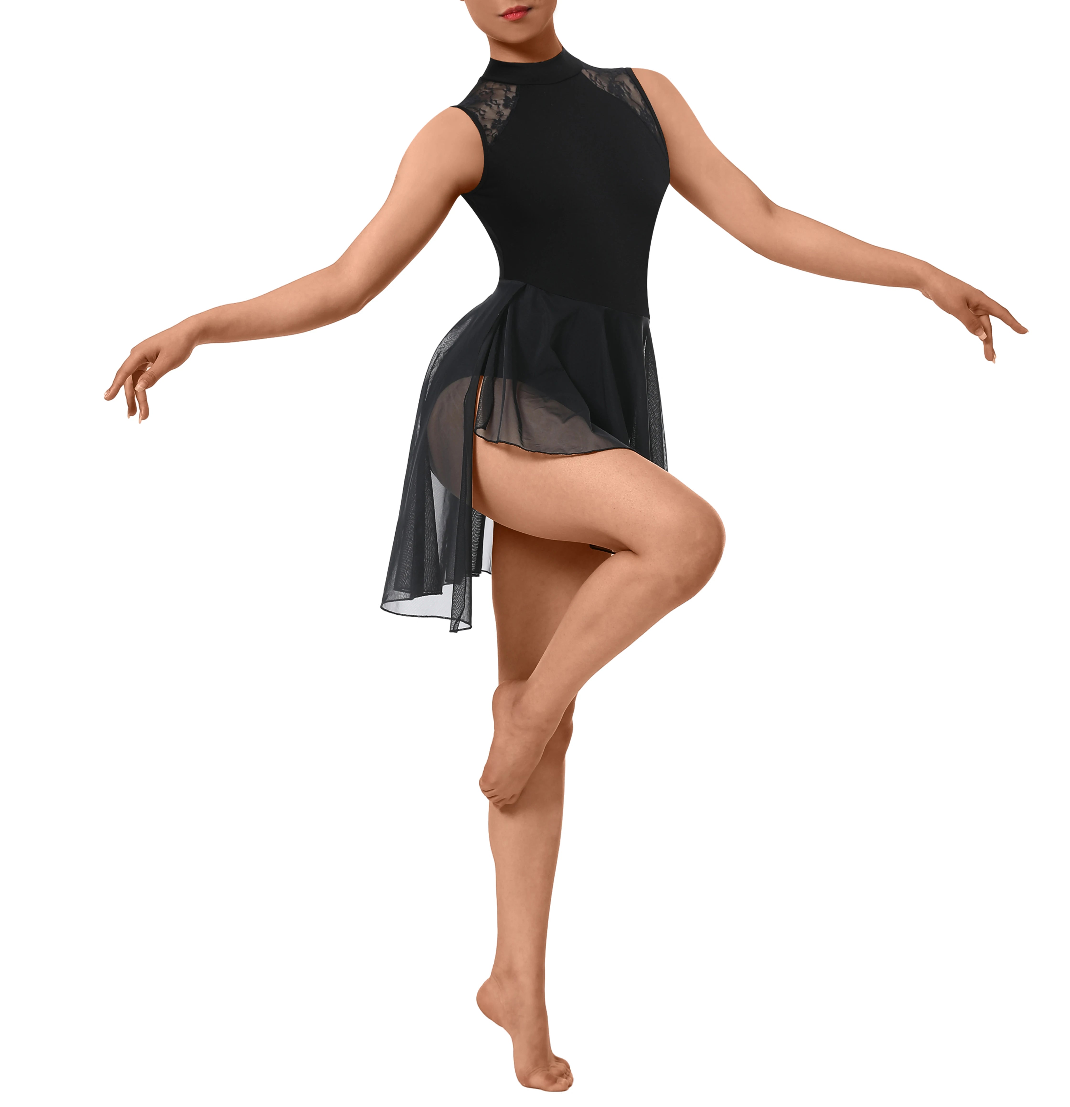 Women Lyrical Modern Dance Dress Asymmetric High-Low Mesh Skirted Contemporary Dance Costume