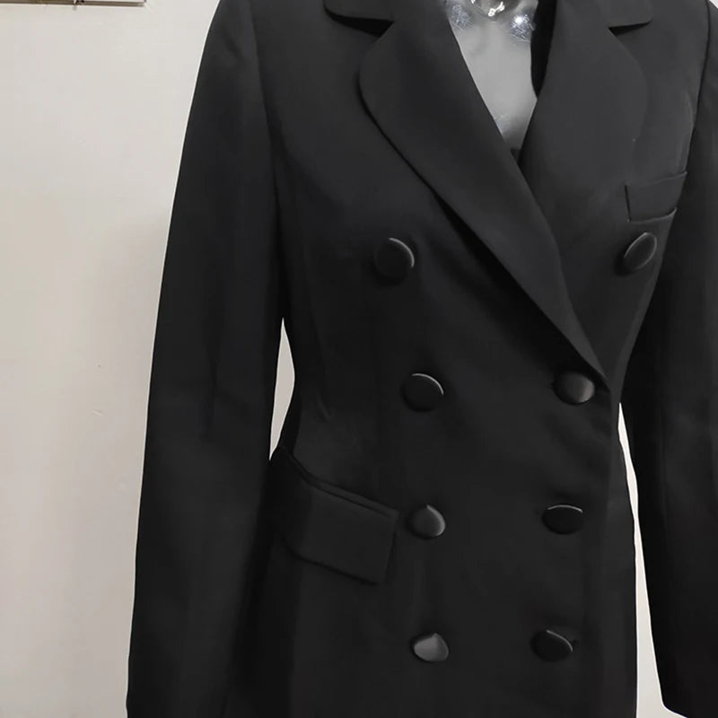 DEAT Fashion Black X-long Blazer Women's Lapel Slim Fit Double Breasted Full Sleeves Suit Jacket Autumn New