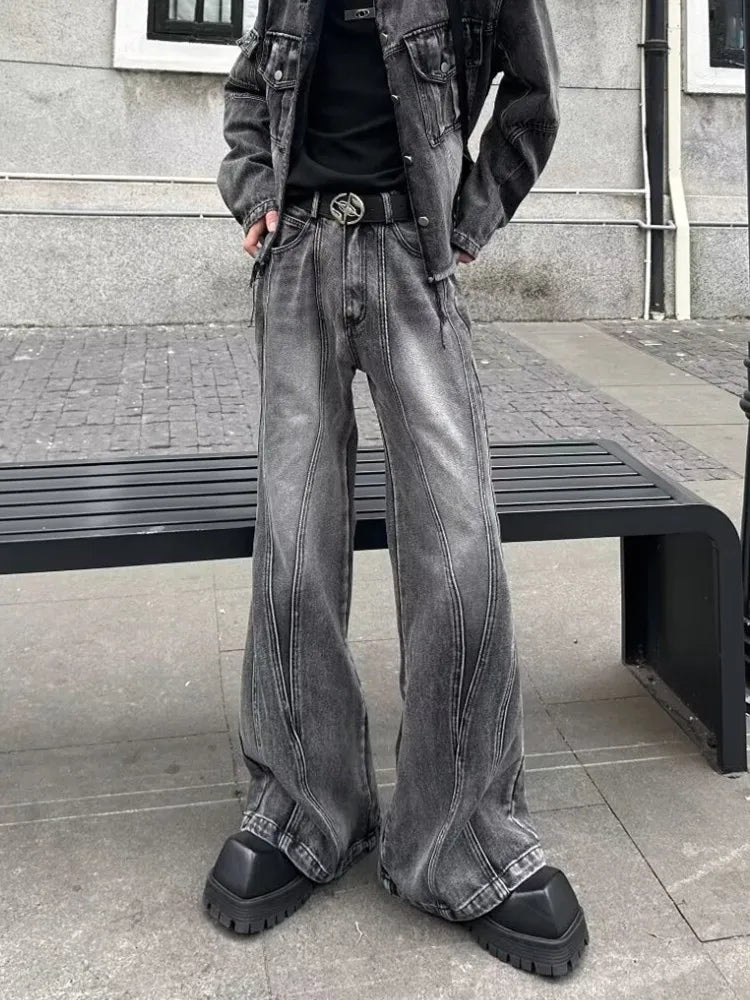 2025 Trashy Y2K Streetwear Washed Grey Baggy Stacked Flare Jeans Pants Men 90S Vintage Clothes Hip Hop Luxury Male Long Trousers