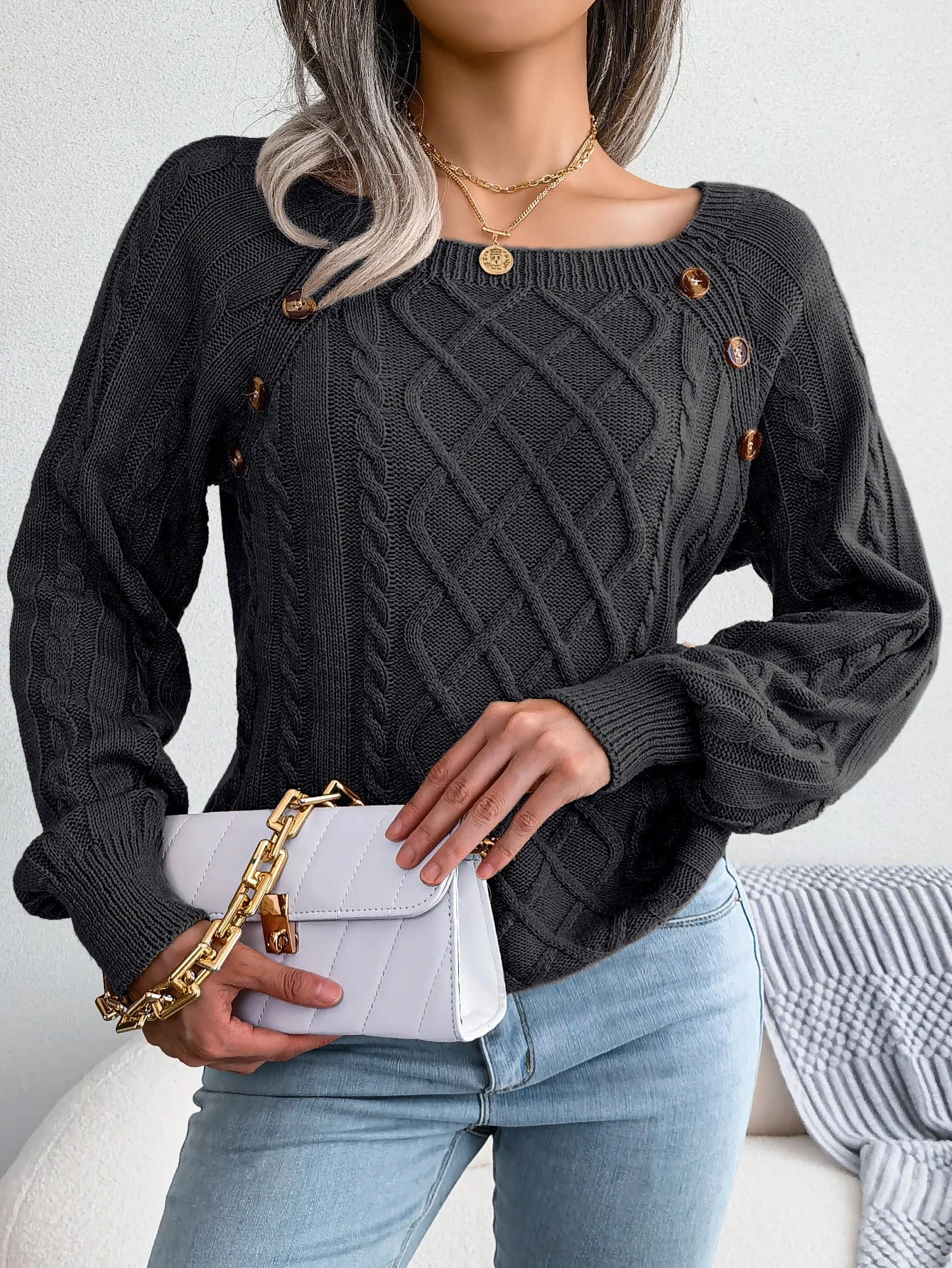 Casual Square Collar Knitted Sweater for Women
