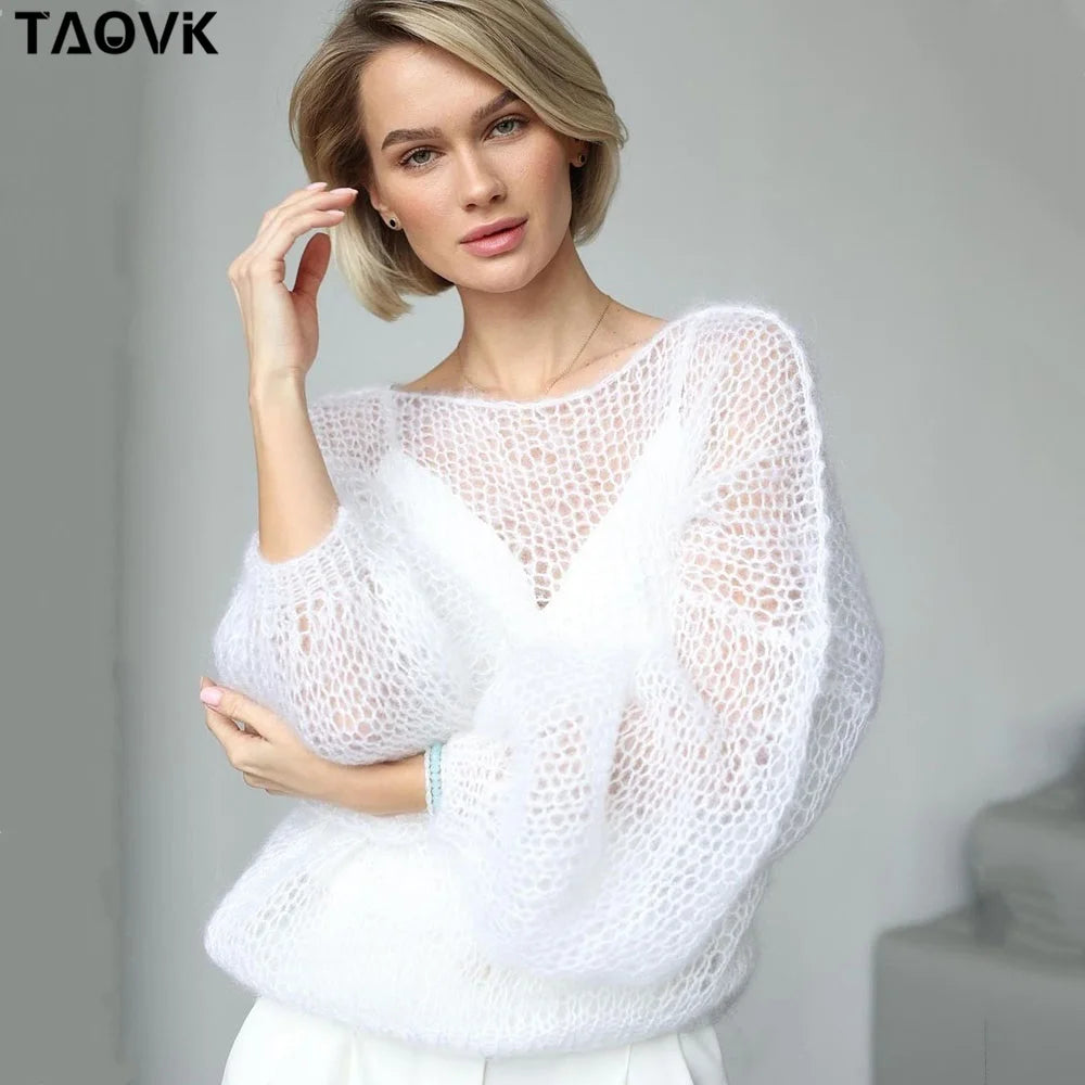 Women’s Hollow Out Mesh Lantern Sleeve Sweater