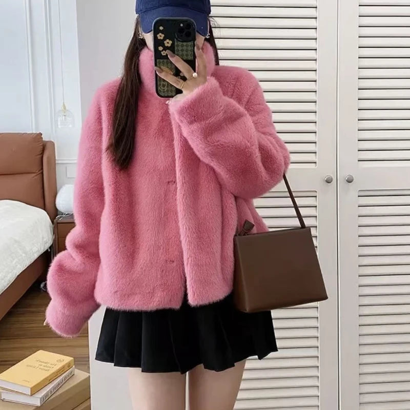 Women Fashion Stand Collar Mink Fur Top Female Long Sleeves