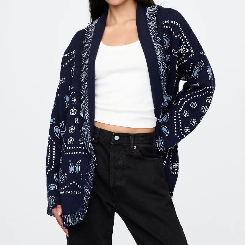 Tassel Patchwork Printed Cardigan Women Geometric Patterns Belts