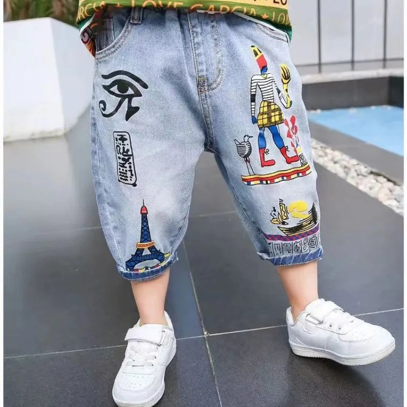 Boys Loose Cartoon Printed Jean Shorts