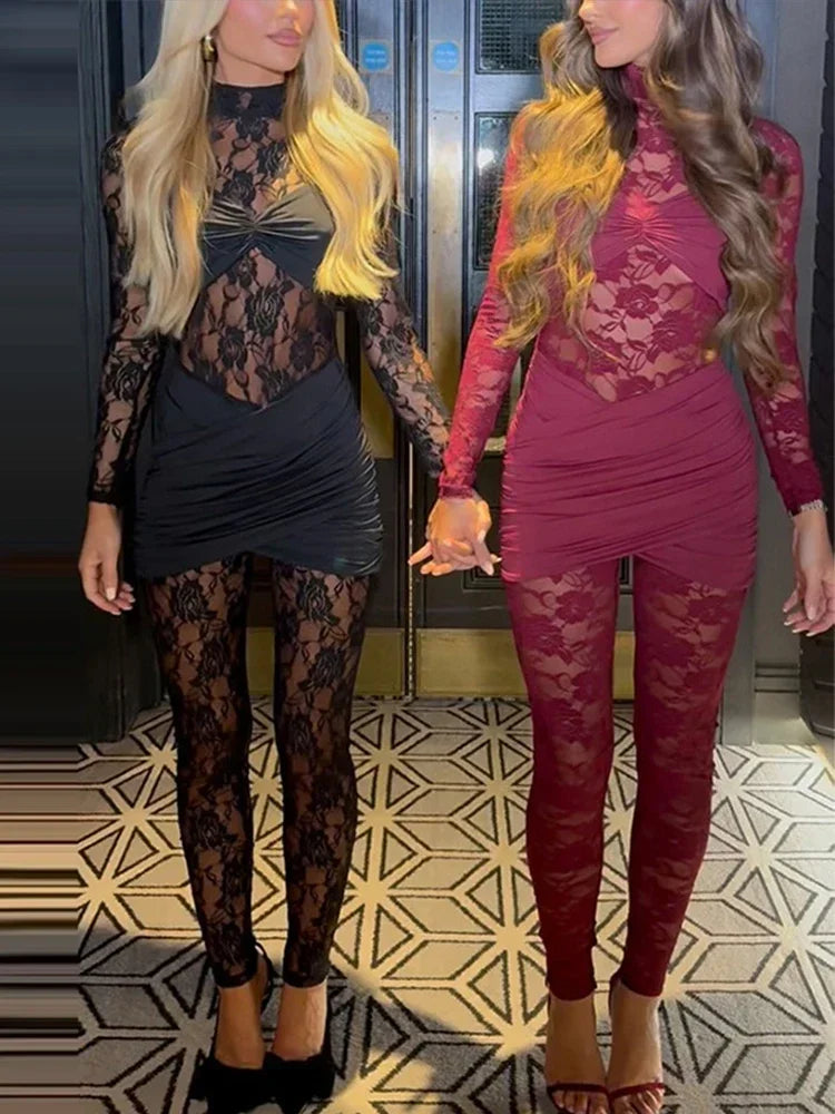 See Through Lace Mesh Patchwork Stretch Jumpsuit Women Long Sleeve High Waist Slim Sexy High Collar Wrap Skirt Twist Party Wear