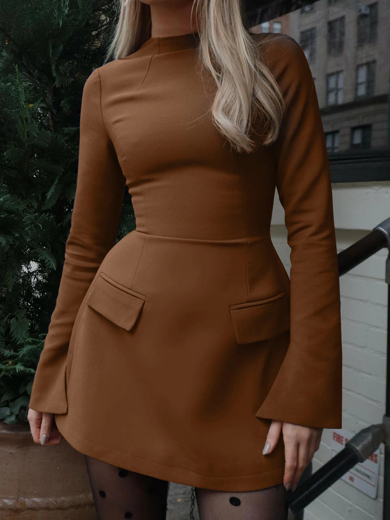 Dulzura Long Sleeves Zipper Bodycon Mini Dress With Pocket