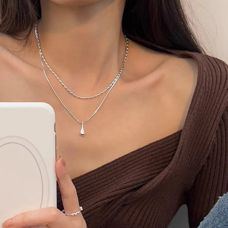 925 Sterling Silver Double Layer Geometric Pendant Necklace