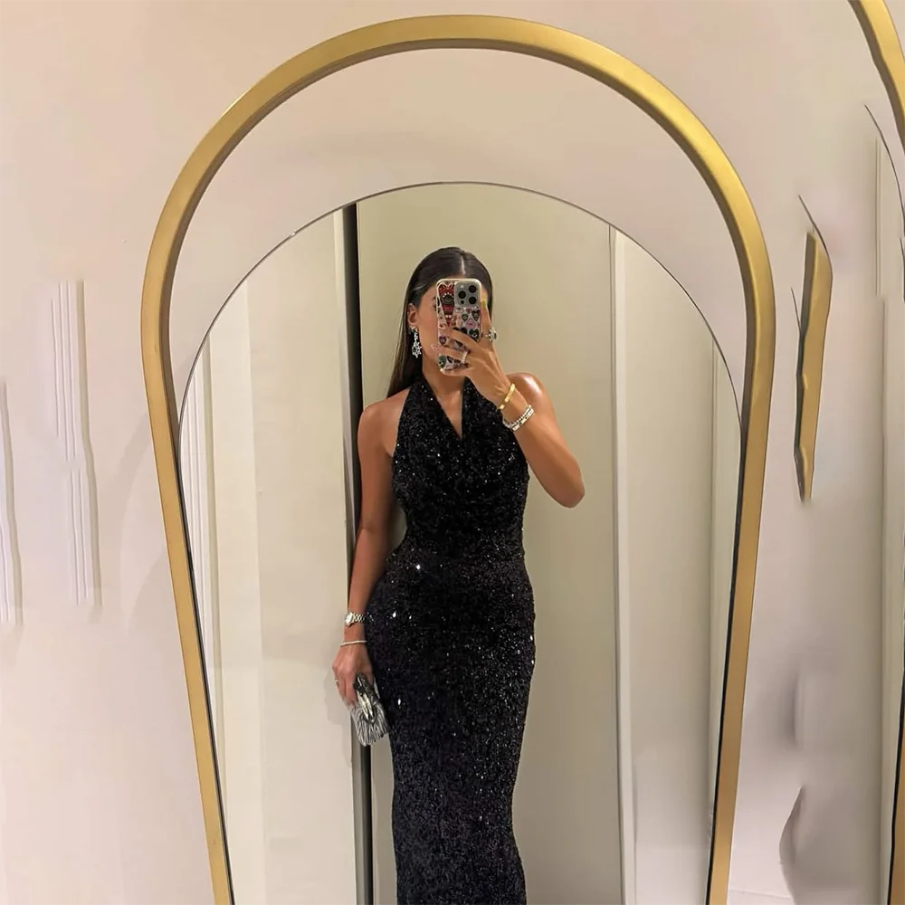 Luxury Evening Party Dress for Women Sexy Halter Neck Sequin Prom Gown Sleeveless Mermaid Long Formal Party Dress Customized