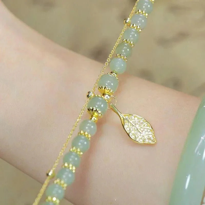 Green Jade Gold Leaf Bangle