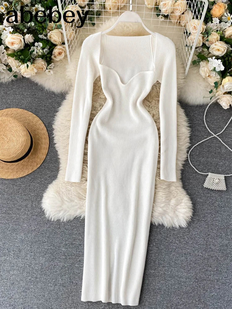 Dresses For Women 2026 Sexy Strapless Ribbed Knitted Bodycon Dress Women Winter Long Sleeve Midi Sweater Dress Clothes