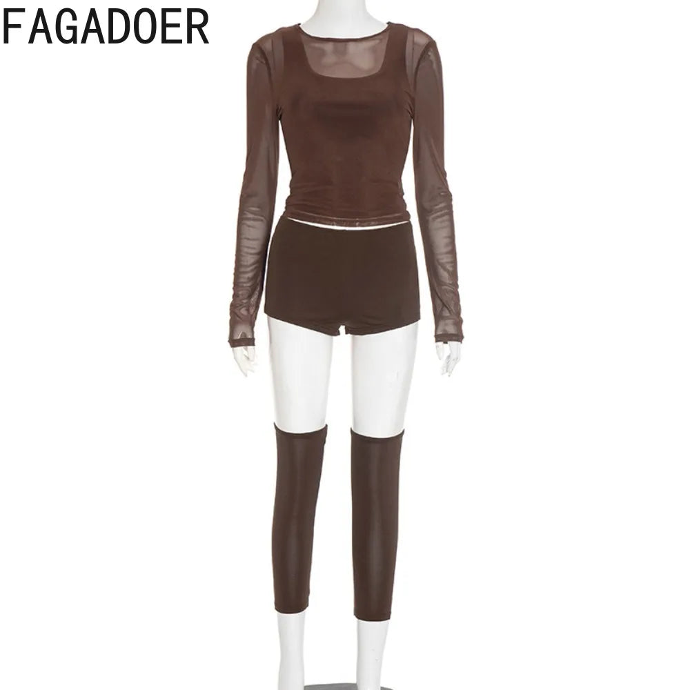 FAGADOER Sexy Mesh 4 Pieces Set for Woman Outfits Solid Color Long Sleeve Crop Top + Shorts Matching Female Streetwear Clothing