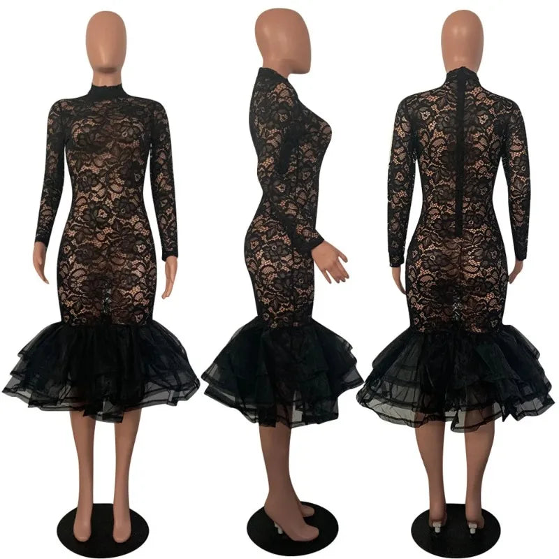 Sexy Night Party Wedding Evening Lace Dress Women See-through Hollow Out Cascading Ruffle Mermaid Bodycon Midi Dress Vestidos