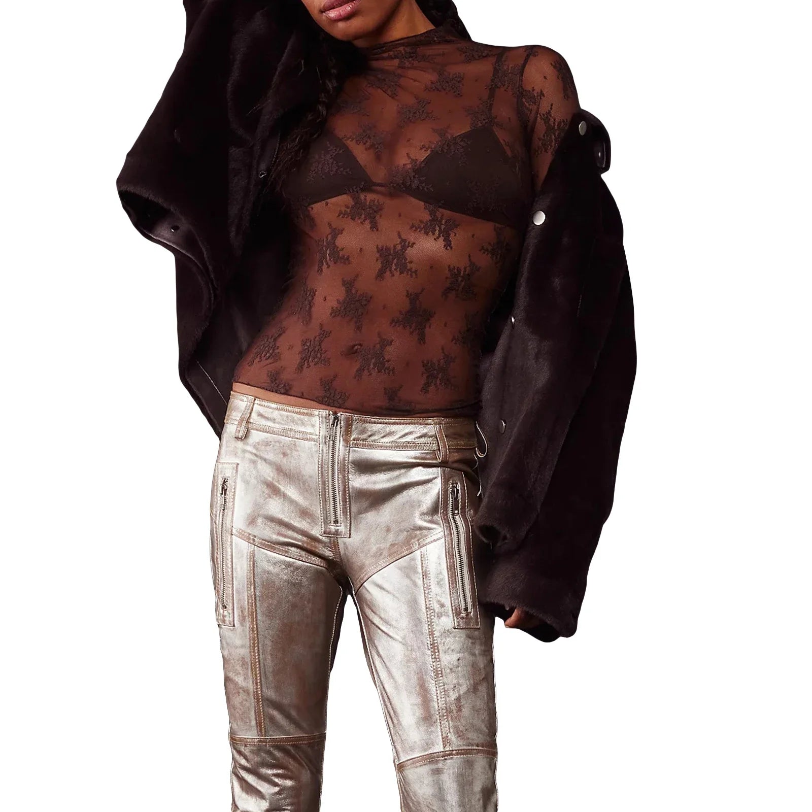 Sexy Sheer Mesh Long Sleeve Crop Top for Women Mock Neck Floral Lace Tshirt Fairy Coquette See Through Tees Blouse Cover-ups