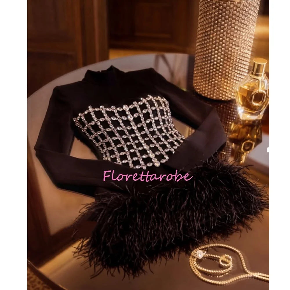 Customized Black Mini Evening Dress High Neck Long Sleeve
