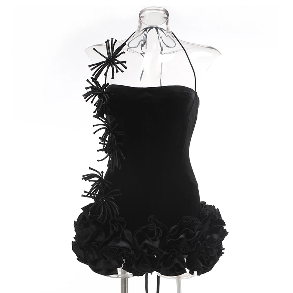 Black Velvet Mini Dress with Floral Ruffled Summer Women Dress