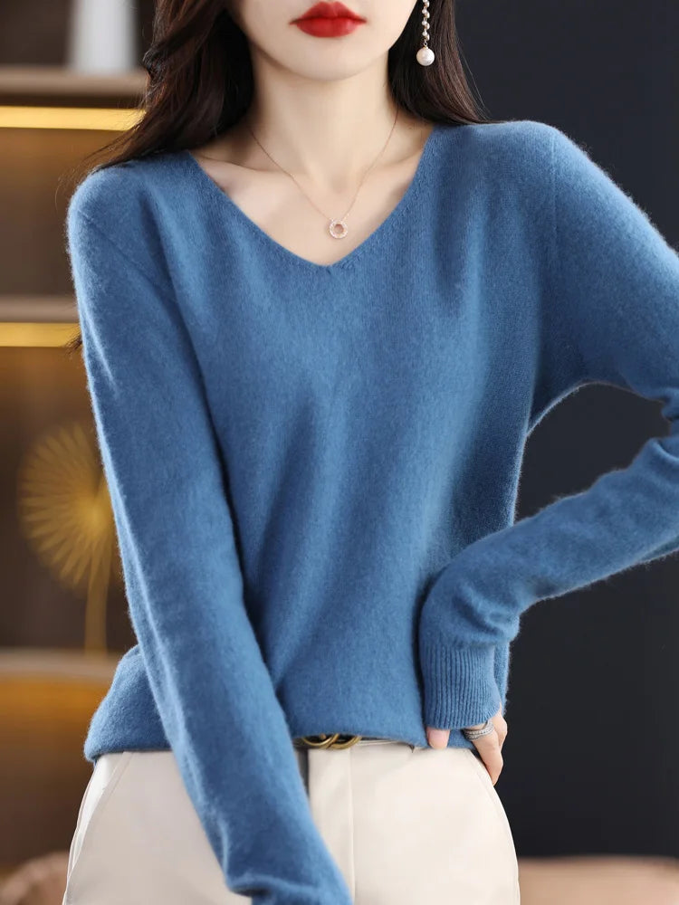 100% Merino Wool V-Neck Sweater for Women