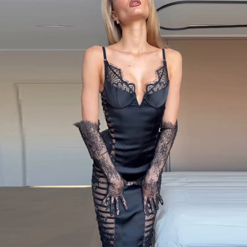 Sexy Cutout Lace Trim Satin Bodycon Midi Dress