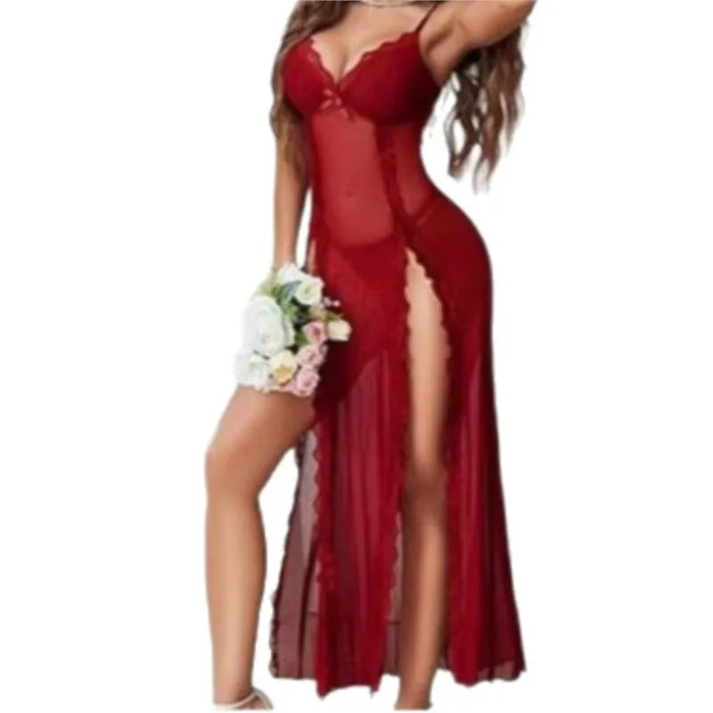 Womens Dresses Sexy Lingerie Perspective Deep V Nightgown High Slit Long Skirt See Through Long Night Dress Women Pajamas Dress