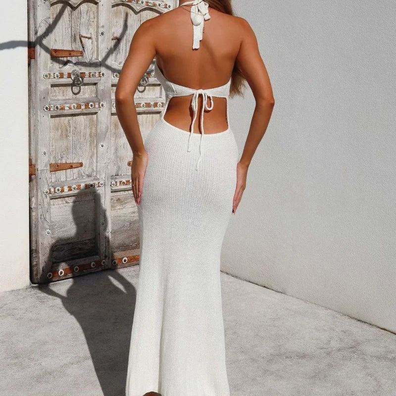 Woman Sexy Dress U Hollow Backless Slim Sleeveless Maxi Dress Hot See-through Wrap Solid Vacation Hip Beach Evening Robe Dress