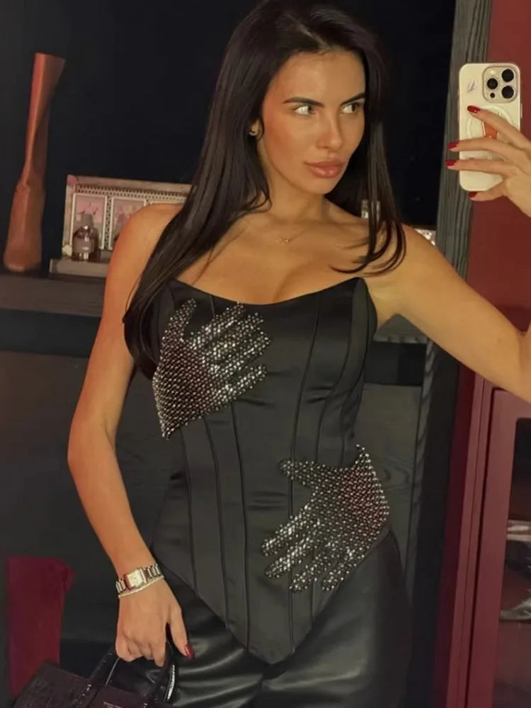 Gothic Print Black Tube Top Women Strapless Skinny Cropped Tops
