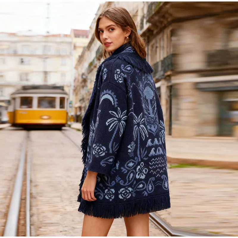 Geometric Jacquard Fringe Belted Waist