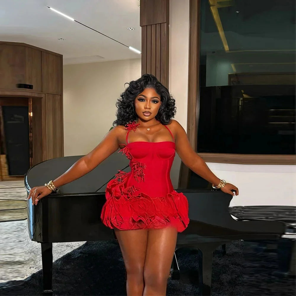 Red Birthday Dresses Baddie Black Girl Halter Neck Mini Prom Dresses Sweertheart Ruffles Wedding Party Dress Customized