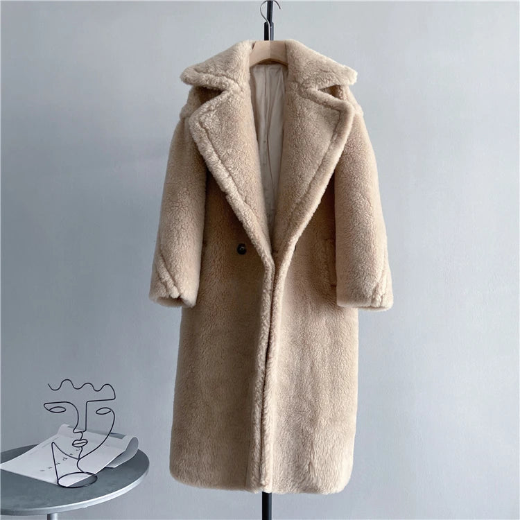 Winter Jacket Women Long Coat Wool Woven Fabric Thick Warm