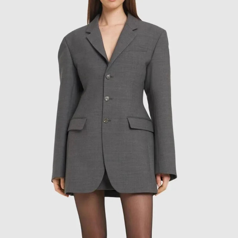 KWTX 2025 Grey Slim Fit Blazer Women's Stylish 3-Button Tapered Waist Spring Summer Light Jacket Office Chic Coat