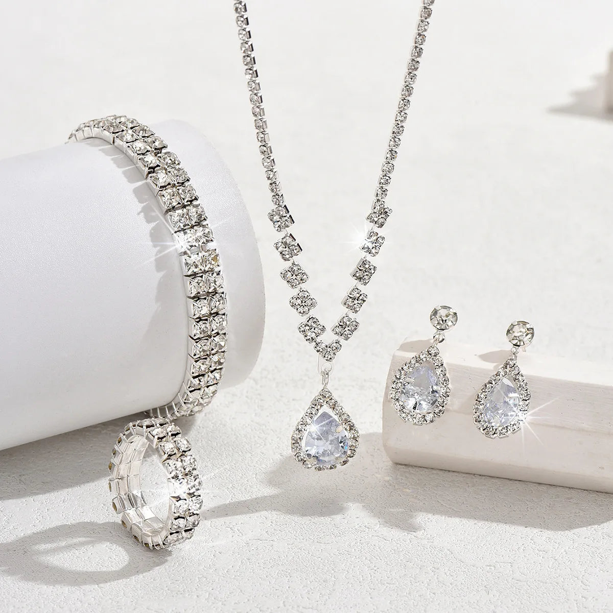 5pcs Waterdrop Zircon Crystal Wedding Jewelry Set