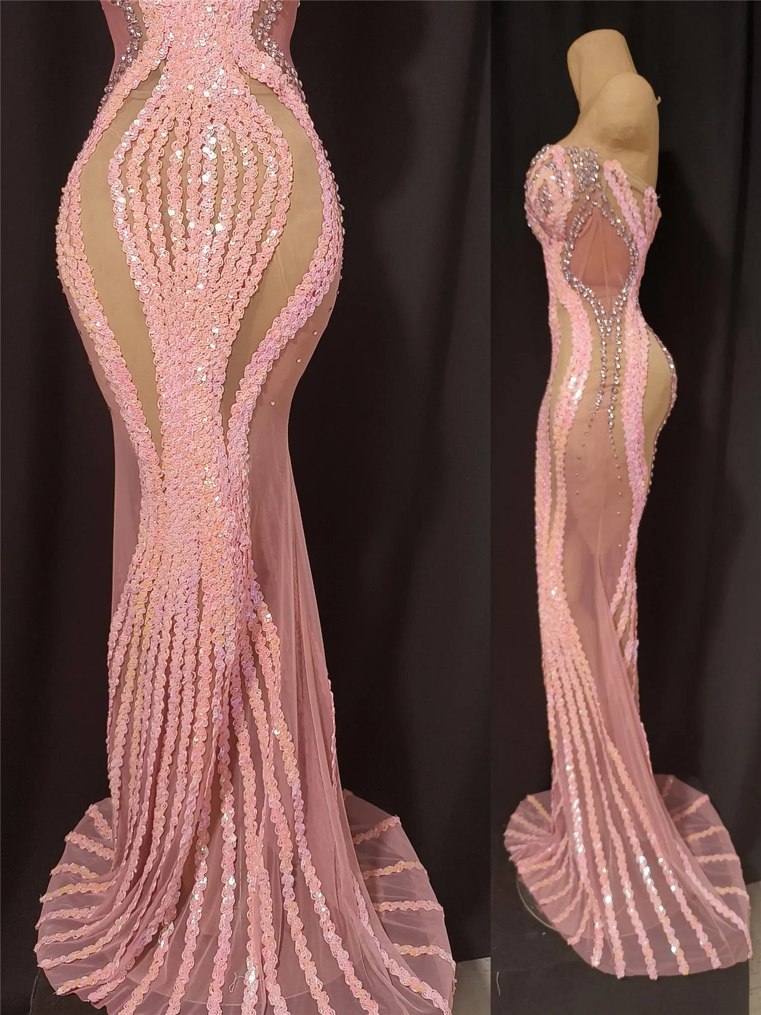 Women Luxury Pink Glitter Rhinestones Sequines Transparent Maxi Long Fairy Dress