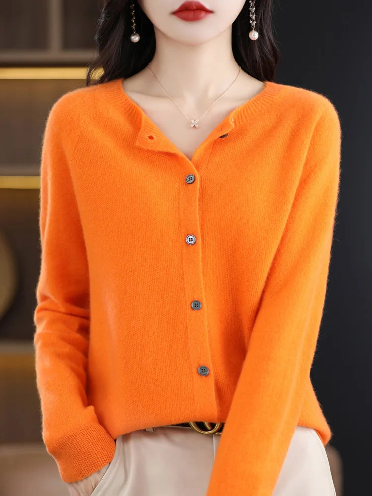 Chic Women's O-Neck Merino Wool Cardigan
