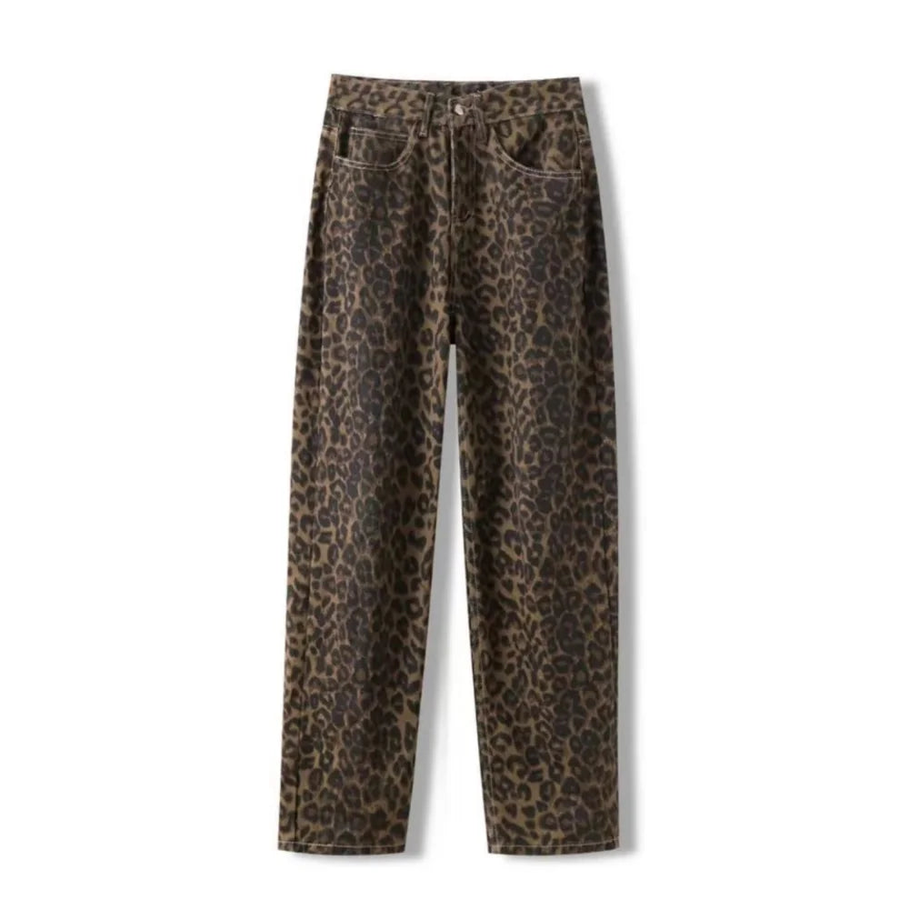 Tan Leopard Wide Leg Streetwear Jeans