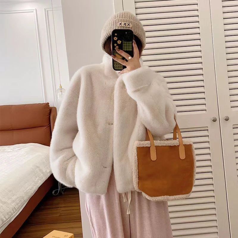 Women Fashion Stand Collar Mink Fur Top Female Long Sleeves