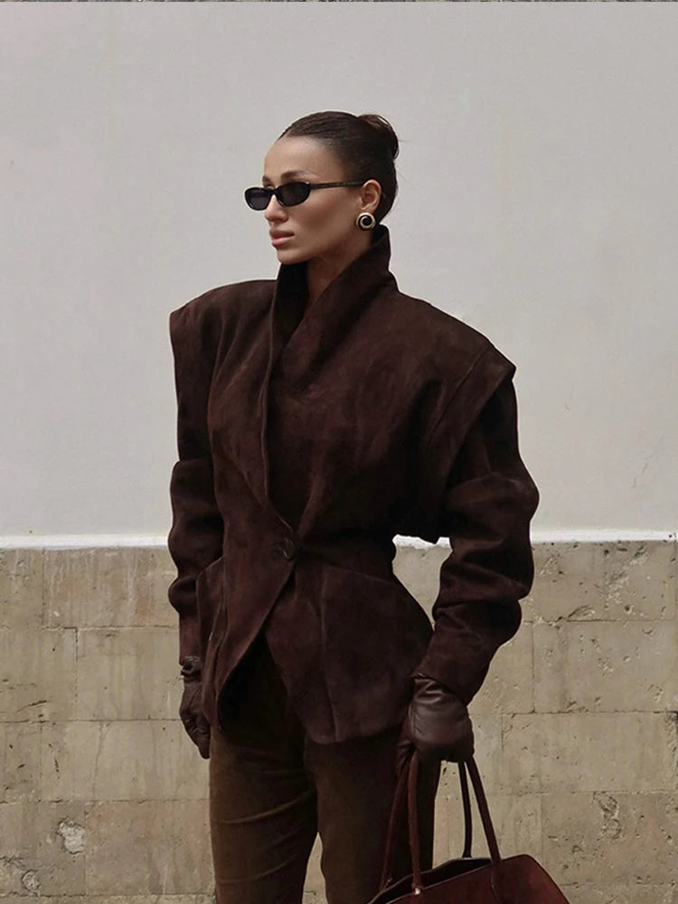 Brown Single Breasted Suede Jacket Women's Fashion
