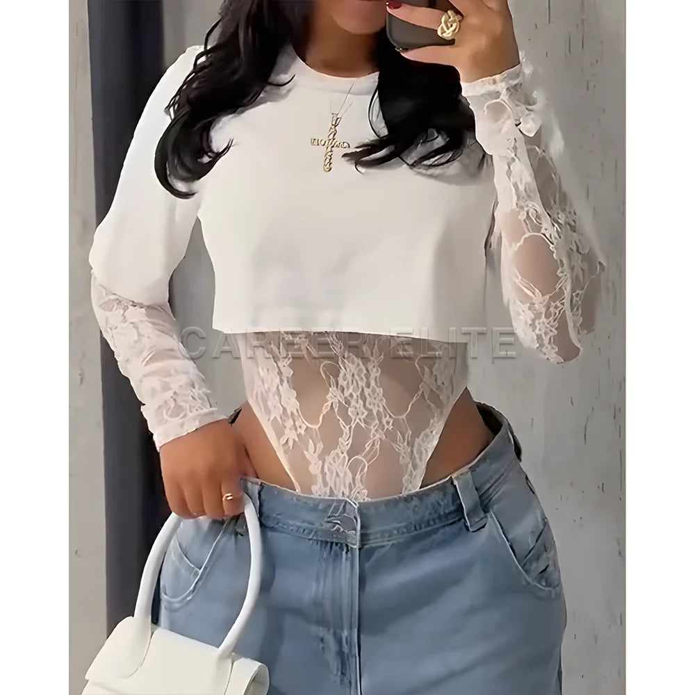 Two-piece Set Fashion Women T-Shirts Solid Color Thin Breathable Lace Long Sleeves Bodysuits Tops Y2K Streetwear Garment
