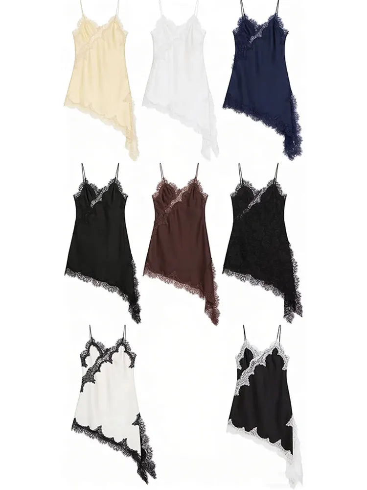 Women Lace Satin Dress Asymmetrical Lace Hem Spaghetti Strap