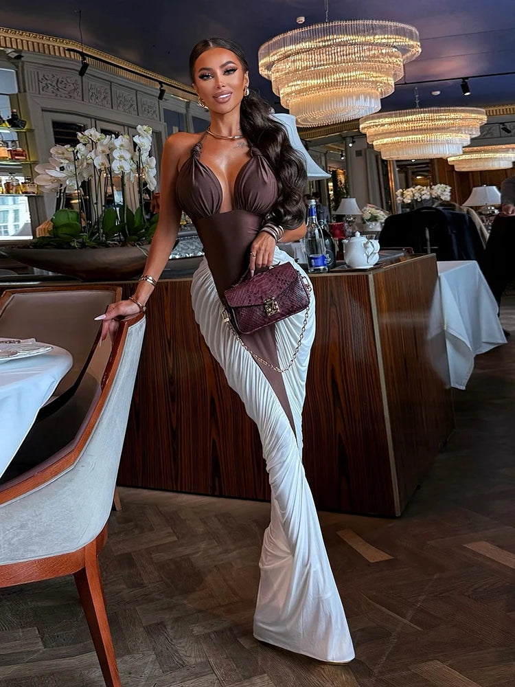 Kliou Ruched Elegant Long Dress Woman Halter Low-Neck Backless Contrast Patchwork Robe Midnight Banquet Party Classic Vestidos