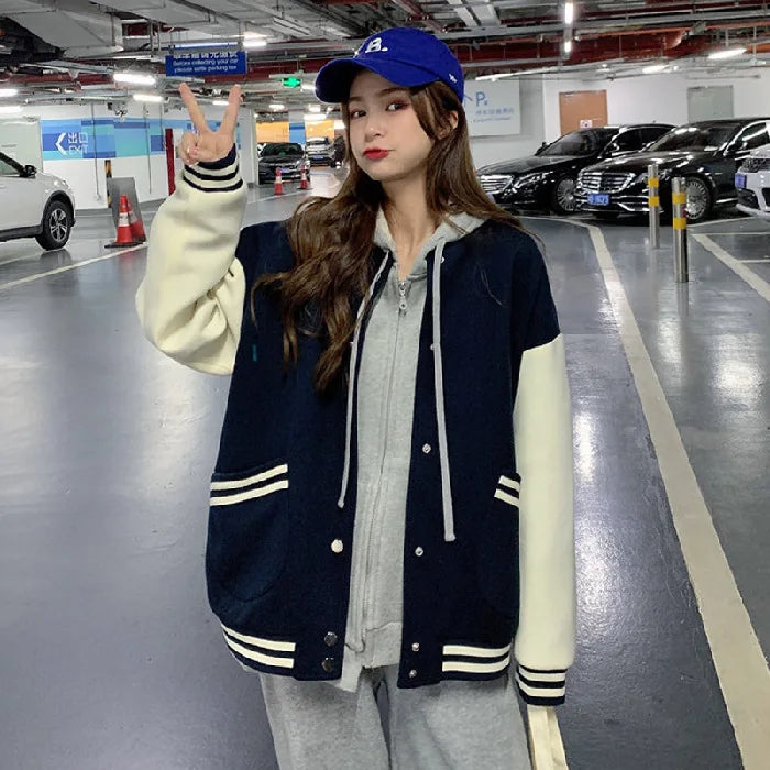 Fleece-Lined Korean Style Baseball Jacket
