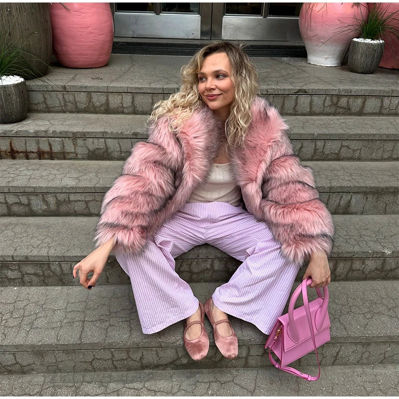 Retro Lapel Rose Red Faux Fur Coats Women