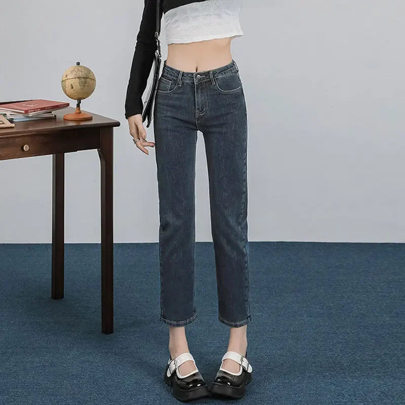 Charcoal Grey High-Waist Straight-Leg Jeans