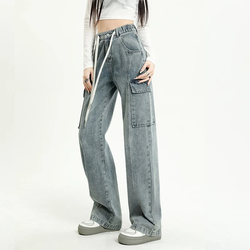 2024 Spring New Vintage Jeans Women's Elastic Waist Fashion Straight Drawstring Baggy Y2k Cargo Pants Streetwear