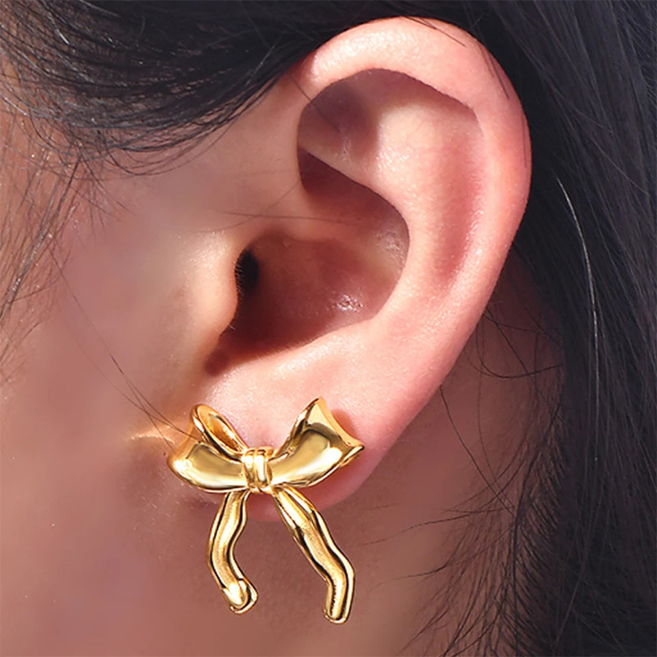 Gold Ribbon Bow Knot Earrings