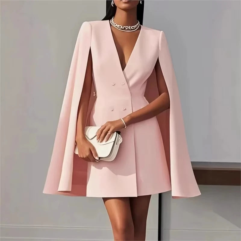 Women's suit dress for autumn office wear, double-breasted cape-like cloak, solid color V-neck suit jacket