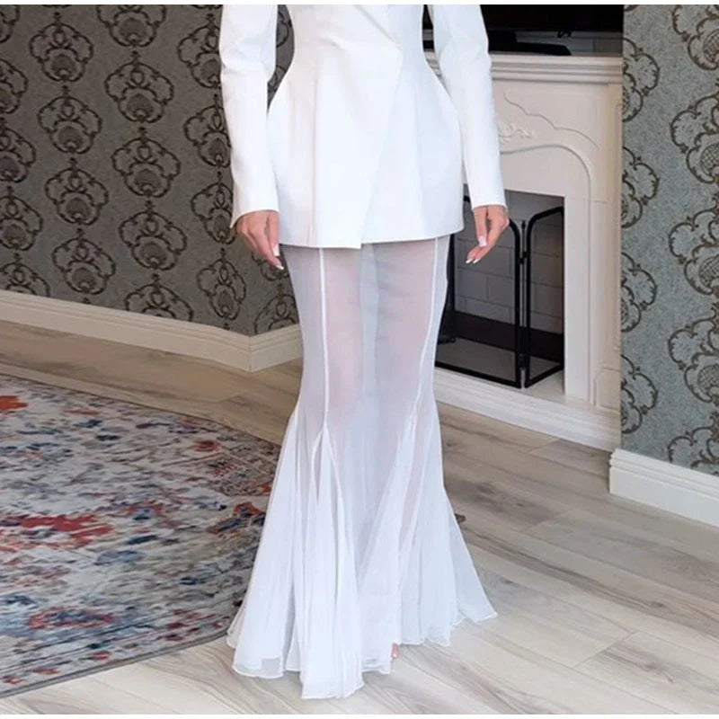 Blazer Skirt Set Women Solid One Button Suit Coat Pleated See Through Fishtail Skirts Outfit Spring Elegant Lady Party Suit