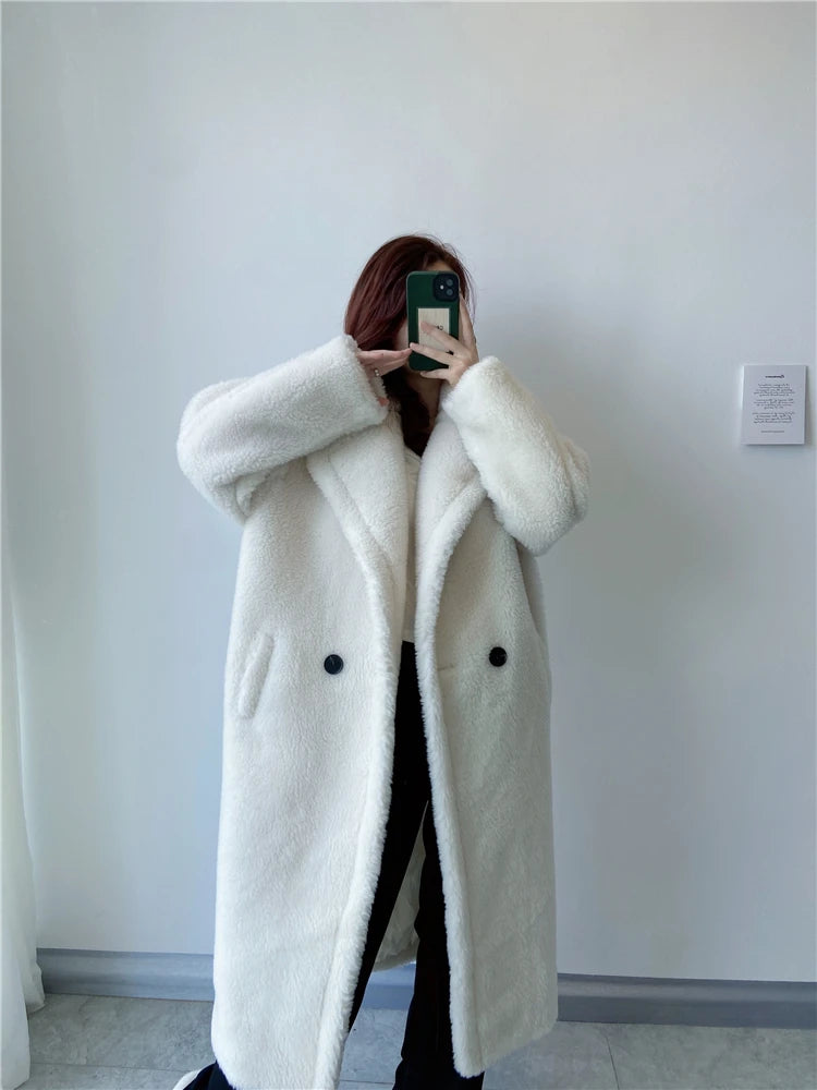 Winter Jacket Women Long Coat Wool Woven Fabric Thick Warm