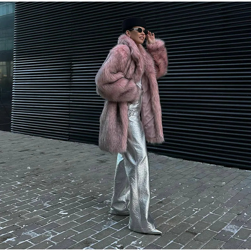 Retro Lapel Rose Red Faux Fur Coats Women