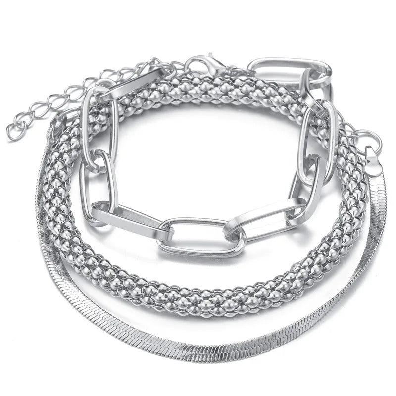 3Pcs Gold Plated Snake Bone Popcorn Chain Bracelet Set