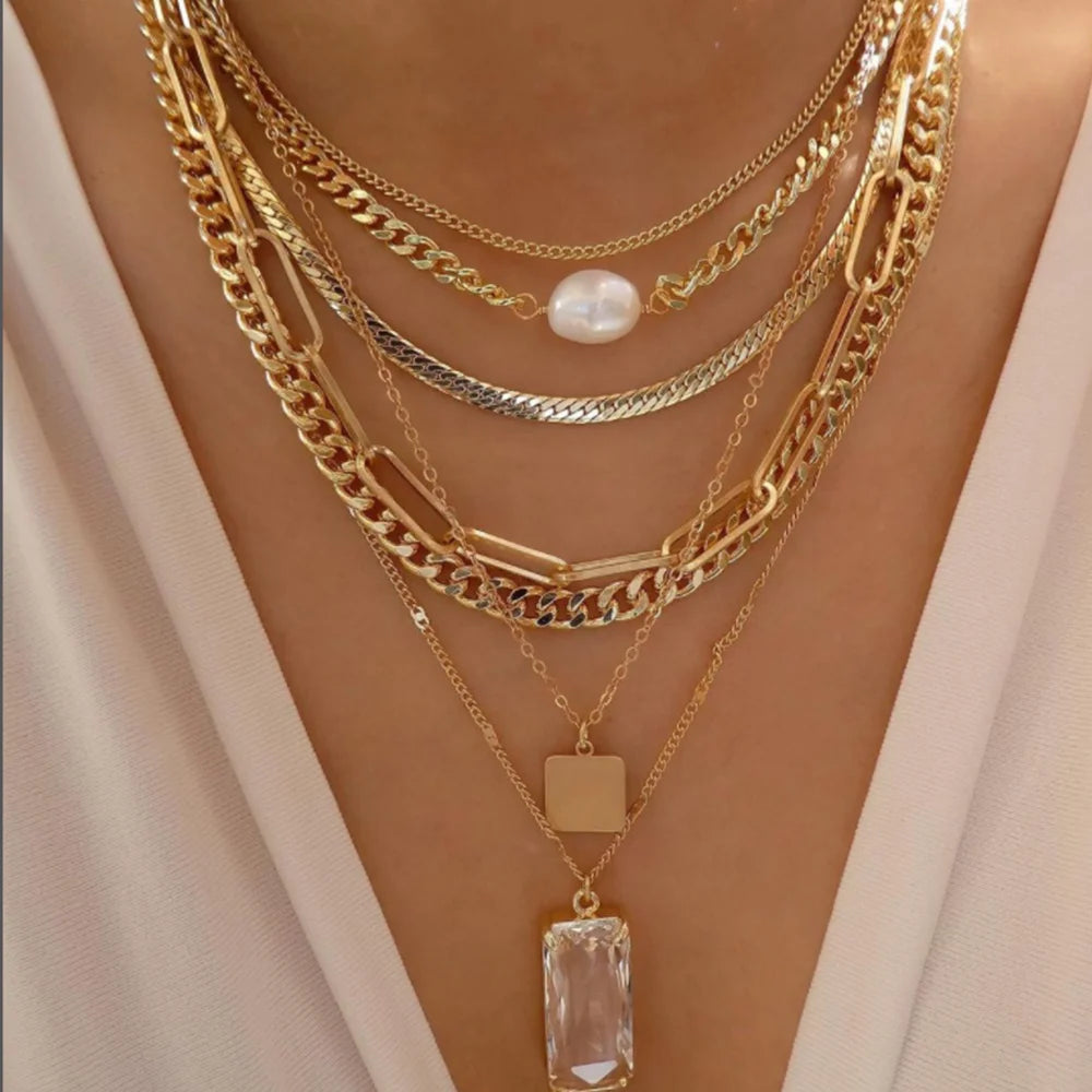 Boho Gold Multi-Layer Crystal Necklace